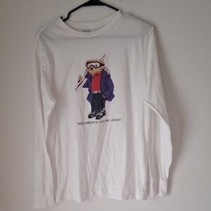 Ralph Lauren White Long-Sleeve Polo Bear Tee Fit Kids Xl Or Womens M  100% Cotto